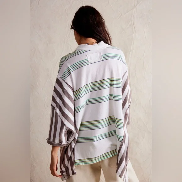 Free People We The Free Schools Out Polo Striped Oversized Button Top - Picture 3 of 6